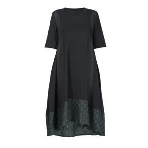 Luukaa Women Black Midi Cotton Dress Size 8 Green Stitch Short Sleeve NWT